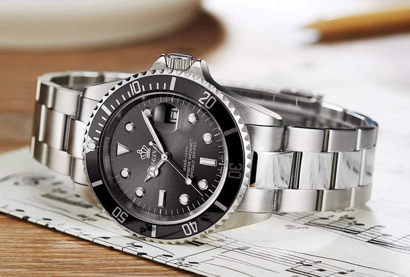 Reginald Men's Watch Luminous Quartz Rotatable Bezel Sapphire Glass Silver Stainless Steel Band and Case Waterproof Sports Black Watch - Image 3